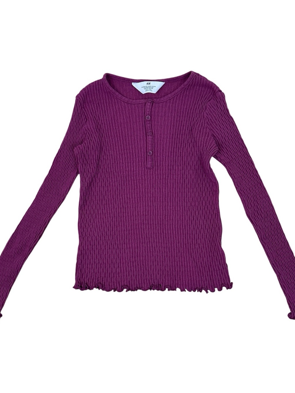 H&M Ribbed Pointelle Henley Long Sleeve Top - Deep Pink